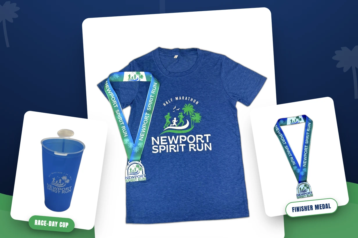 Newport Spirit Run Half Marathon shirt, reusable collapsible cup and Spirit finisher medal